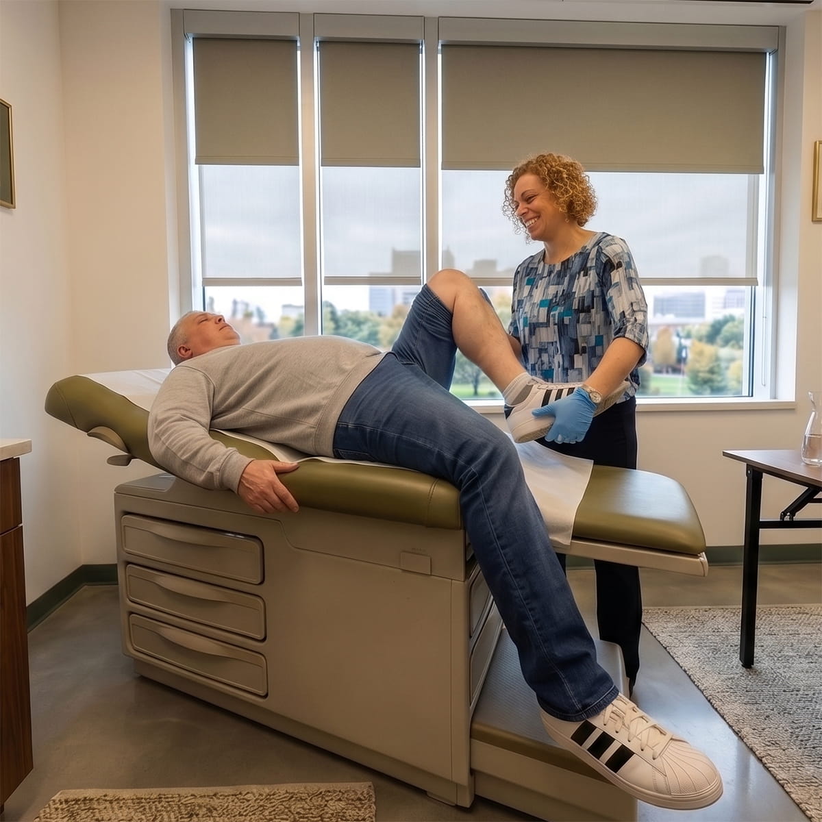 Orthopedist Dr. Barbara Steele evaluating a patient's knee injury